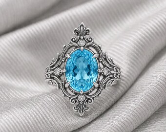 Bague de fiançailles ovale en argent sterling vintage avec topazes suisses, cadeau bague de fiançailles ovale vintage Art déco.
