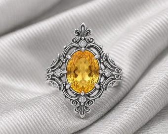 Bague femme citrine vintage, bague de fiançailles en argent sterling avec pierres précieuses jaunes Art déco, pierre de naissance de novembre.