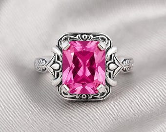 Bague rubis rose, cadeau de fiançailles vintage taille princesse en argent sterling pour femme.