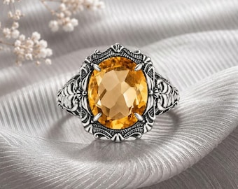 Bague femme citrine vintage, cadeau bijoux victorien en argent sterling 925 Art déco, pierre de naissance de novembre, cadeau victorien.