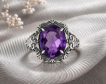 Bague de fiançailles en améthyste vintage, cadeau bague de promesse victorienne en argent sterling Art déco de novembre.