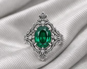 Bague de fiançailles émeraude vintage, cadeau de naissance Art déco en argent sterling avec pierres précieuses vertes ovales en mai.
