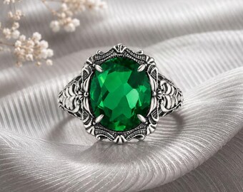 Bague de fiançailles vintage émeraude de laboratoire, cadeaux de bijoux de pierre de naissance Art déco de mai en argent sterling 925.