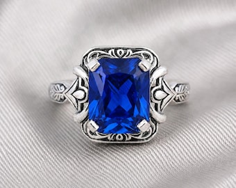 Bague saphir art déco, bague de fiançailles vintage pour femme en argent sterling 925, bijoux avec pierre de naissance de septembre.