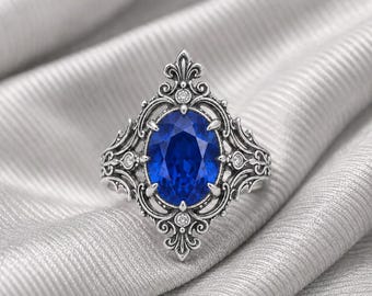 Bague de fiançailles saphir vintage, cadeau de naissance de septembre bleu ovale en argent sterling 925 pour femme.