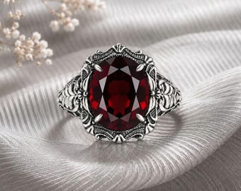Bague de fiançailles en grenat naturel, cadeau bijoux victoriens en argent sterling art déco de janvier pour femme.