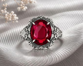 Bague de fiançailles en rubis vintage, bague en argent sterling 925 avec pierres précieuses rouges Art déco pour femme.
