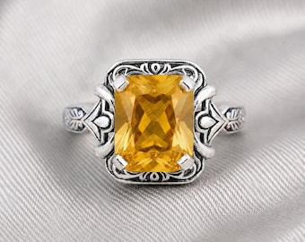 Bague en citrine naturelle, cadeau bague de fiançailles vintage taille princesse en argent sterling 925 Art déco.