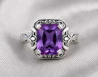 Bague de fiançailles en améthyste naturelle, cadeau bague de promesse vintage taille princesse Art déco en argent sterling.
