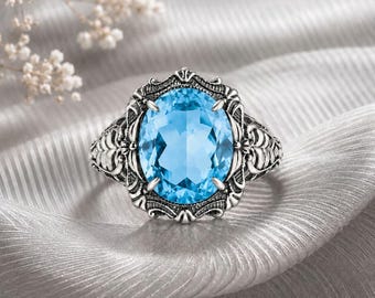 Bague de fiançailles vintage avec topazes suisses, cadeau de naissance Art déco en argent sterling Novemebr pour femme.