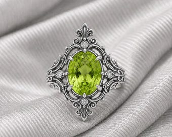 Bague pour femme en péridot naturel, cadeau de promesse de fiançailles ovale en argent sterling art déco vintage.