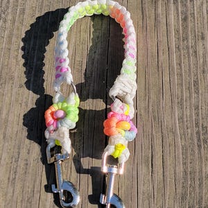 May include: A colorful braided dog leash with two silver clips and flower-shaped beads. The leash is made with white, pink, yellow, and green paracord.