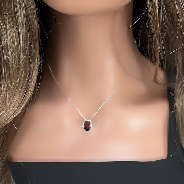 Garnet Necklace, Sterling Silver floating Pendant with 16" or 18" Chain Included, , Bezel Set, Genuine Almandine Oval Garnet