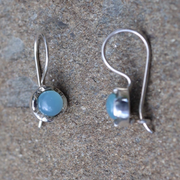 Sterling Silver Blue Chalcedony Earrings,  Cabochon, Latch Back Earrings