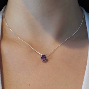 Amethyst Necklace, with Chain Included, Sterling Silver, Bezel Set, Genuine Oval Amethyst with  16” or 18” chain