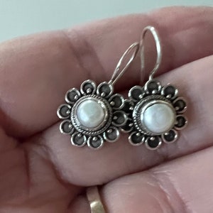 Sterling Silver Pearl Flower Earrings, Genuine fresh water pearls drop dangle earrings, June birthstone