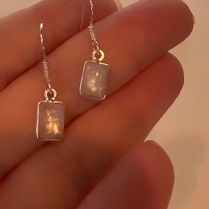 Moonstone Earrings, Sterling Silver, Small Drop Dangle Earrings, Bezel Set, Rectangle  Alt. June Birthstone