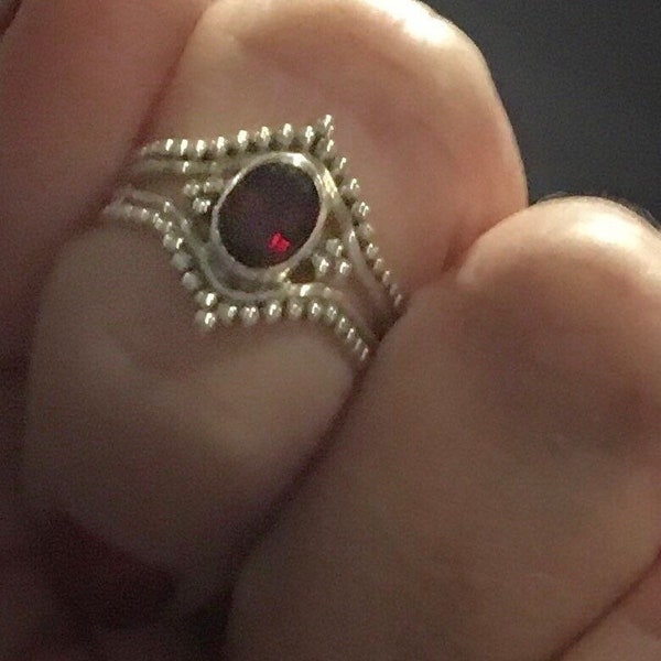Sterling Silver Faceted Garnet Ring,  boho hippie style ring, January Birthstone-Please Read Full Description, office use #2