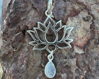 Lotus Flower Necklace, Sterling Silver, Rainbow Moonstone, Angel Tear, Pear Shaped, gift for mom, woman, teen,