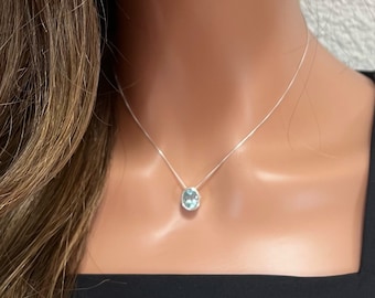 Blue Topaz Necklace, Chain Included, Sterling Silver, Bezel Set, Genuine Oval Blue Topaz with 18” chain, Floating Pendant, gift for mom