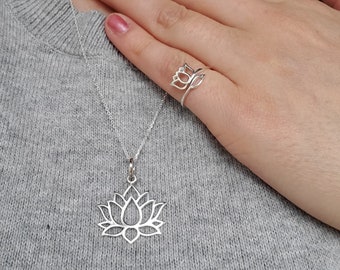 Large Sterling Silver Lotus Flower Pendant, Sterling Silver chain included