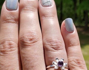 Sterling Silver Amethyst Flower Ring, Daisy Stacking Ring