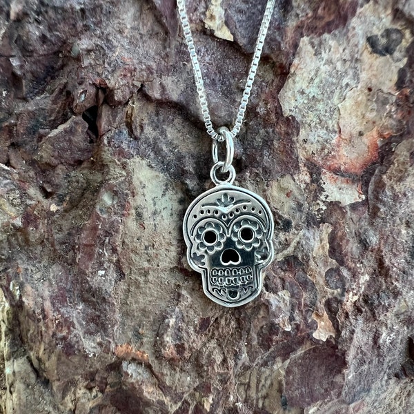 Sugar Skull Sterling Silver with or without box chain, Small, Day of the Dead Necklace, Dia de los Muertos