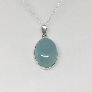 Blue Chalcedony Pendant, Sterling Silver, Oval Cabochon, Necklace, Chain included