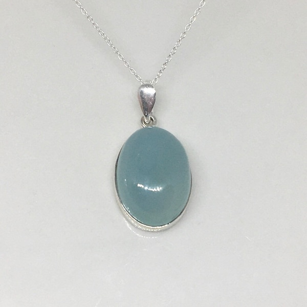 Blue Chalcedony Pendant, Sterling Silver, Oval Cabochon, Necklace, Chain included