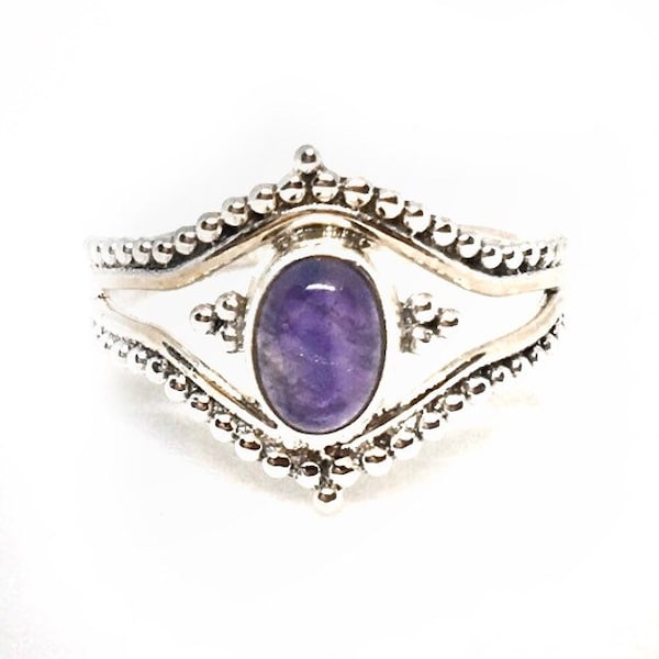 Sterling Silver amethyst hippie-boho style ring, Cabochon, February Birthstone-Please Read Full Description, office use#1
