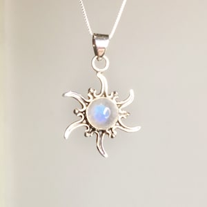 Rainbow Moonstone Necklace, Sterling Silver Moonstone Sun Pendant, Genuine Rainbow Moonstone, Chain Included