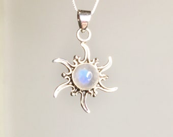 Rainbow Moonstone Necklace, Sterling Silver Moonstone Sun Pendant, Genuine Rainbow Moonstone, Chain Included