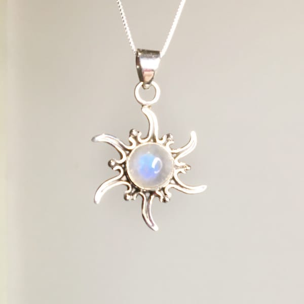 Rainbow Moonstone Necklace, Sterling Silver Moonstone Sun Pendant, Genuine Rainbow Moonstone, with or without chain