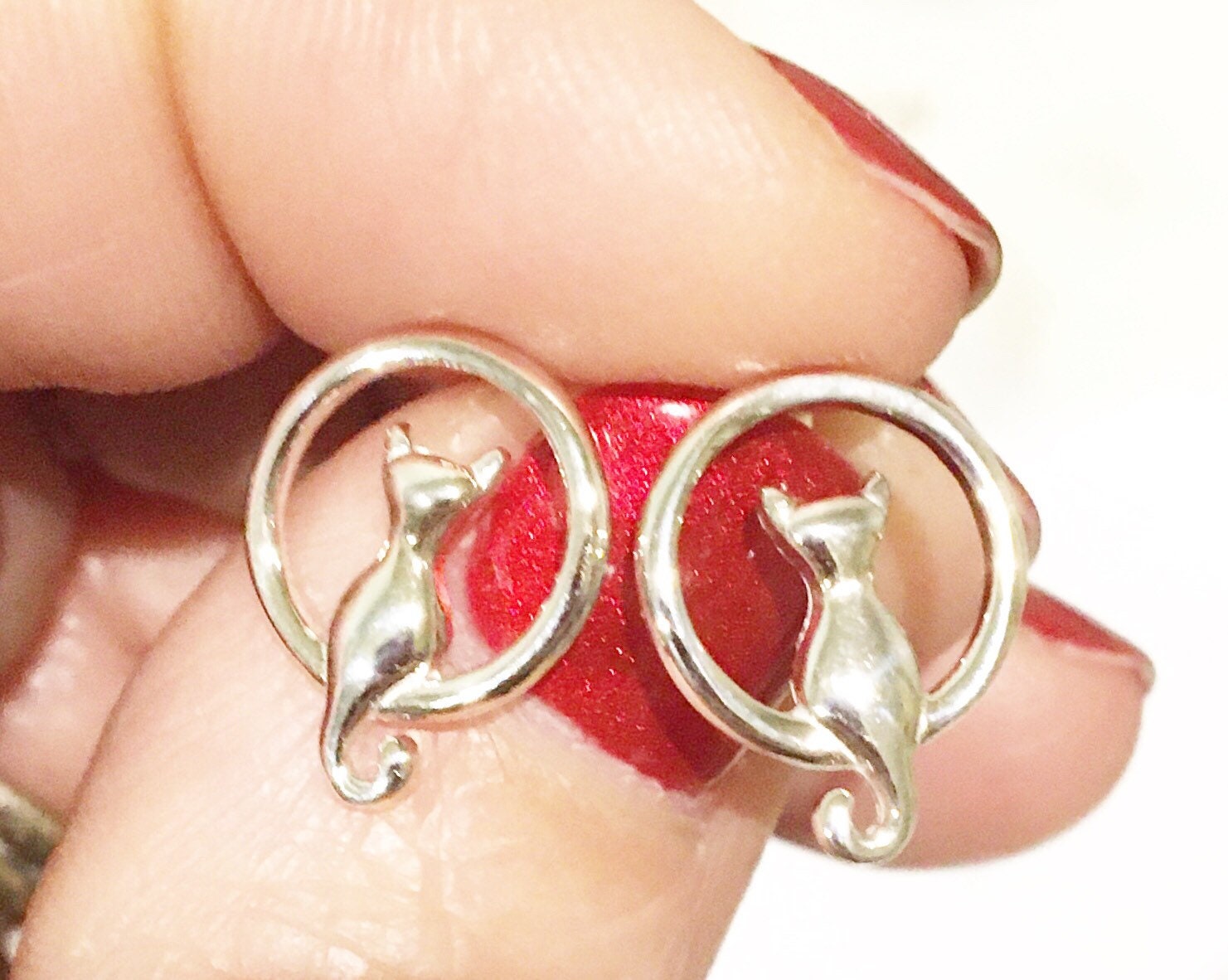 Sterling Silver Cat and Moon Earrings, Stud Earrings, Cat  display picture 1