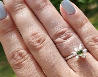Sterling Silver Peridot Flower Ring, Daisy Stacking Ring