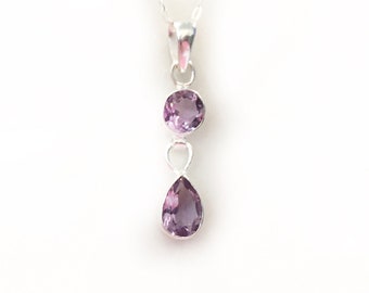 Sterling Silver Amethyst Necklace w/18” Chain, Pear Shaped, lavaliere style Pendant, February Birthstone