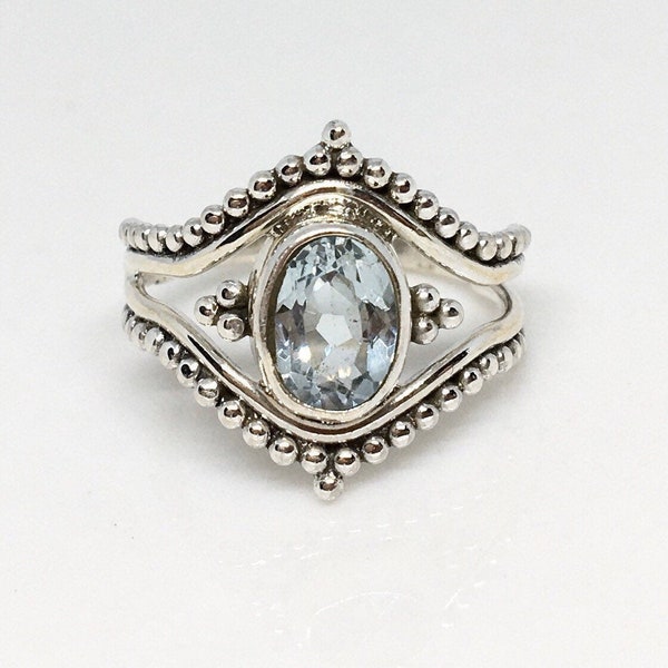 Sterling Silver Blue Topaz Ring, Boho Hippie Style Ring, December Birthstone, Please Read Full Description