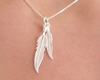 Feather Pendant, Solid Sterling Silver dipped in pure silver,Two Feather Pendant with sterling silver chain included!