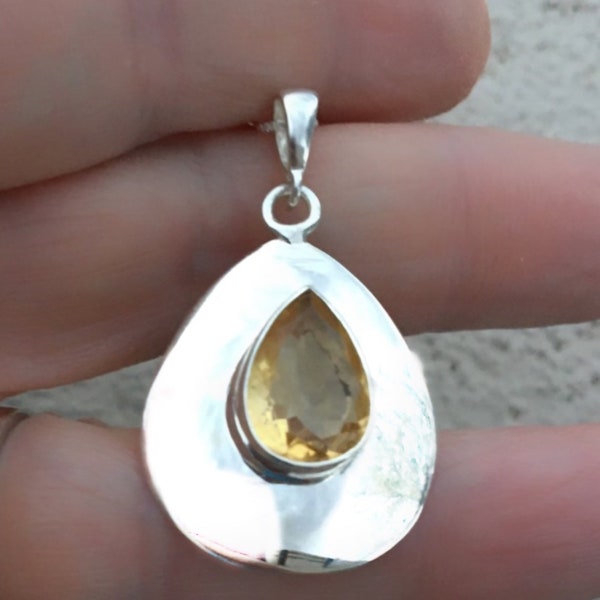 Citrine Necklace,  Sterling Silver, Chain Included, 4Ct  Mid-Century Style Pendant, November Birthstone, Genuine Citrine, Gift for mom