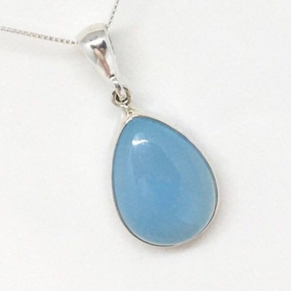 Blue Chalcedony Pendant Sterling Silver, Pear Cabochon, Chain included, medium