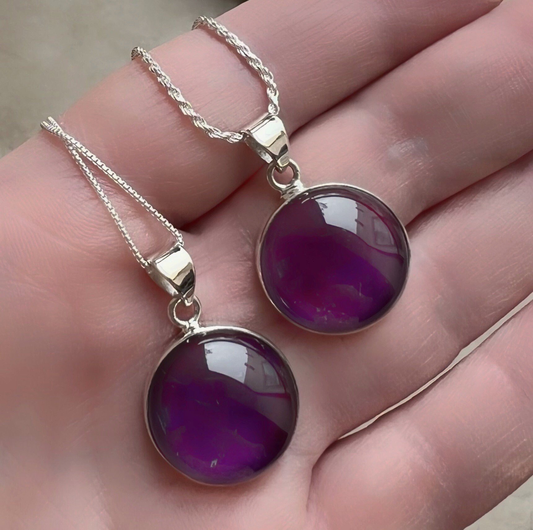 Amethyst Pendant Sterling Silver, now with choice of Chain Size, Sterling Silver Cabochon Amethyst, Round, Gift for Mom, Gift for woman