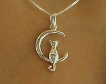 Sterling Silver Cat Sitting on the Moon Necklace, Cat Pendant with Chain, gift for mom, Mother's Day Gift