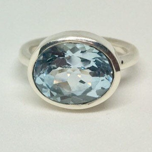 Sterling Silver Blue Topaz Ring ~ Minimalist ~ Horizontal ~ Oval Ring ~  December Birthstone