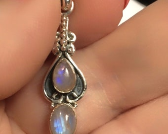 Rainbow Moonstone Necklace, Sterling Silver,  Pear and Oval Shaped Moonstones,  Chain Included, Angel Tear,   Alt. June Birthstone