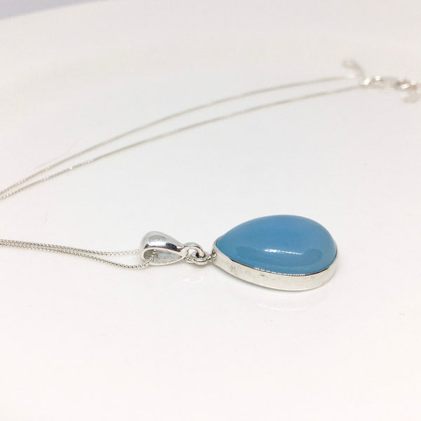 Large Blue Chalcedony Pendant Sterling Silver, Pear Cabochon, Chain included