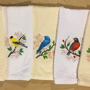Embroidered Backyard Birds Cardinal, Goldfinch, Bluebird, Robin, Oriole Four Color Option Kitchen Waffle Weave Terry Cotton Hand Dish Towels