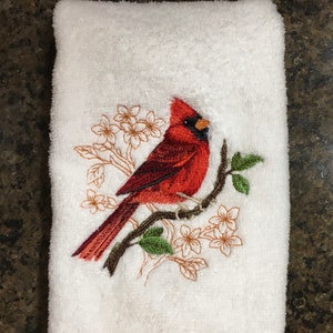 Embroidered Red Cardinal Bird on Leafy Branch Flowers on Your Choice of White Cotton Velour or Terry Fingertip Bathroom Towel