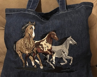 Embroidered Running Horses Large Cotton Blue Denim Tote Book Shopping Shoulder Bag Western Add Zipper or Name or Initials Personalize