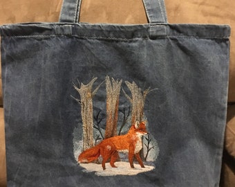 Embroidered Red Fox in Winter Woods Snow Forest Zippered Large Sturdy Cotton Blue Denim Tote Book Shopping Bag Can Add Name Personalize