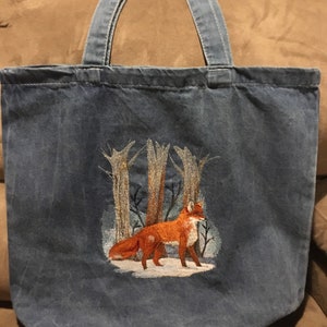 Embroidered Red Fox in Winter Woods Snow Forest Zippered Large Sturdy Cotton Blue Denim Tote Book Shopping Bag Can Add Name Personalize